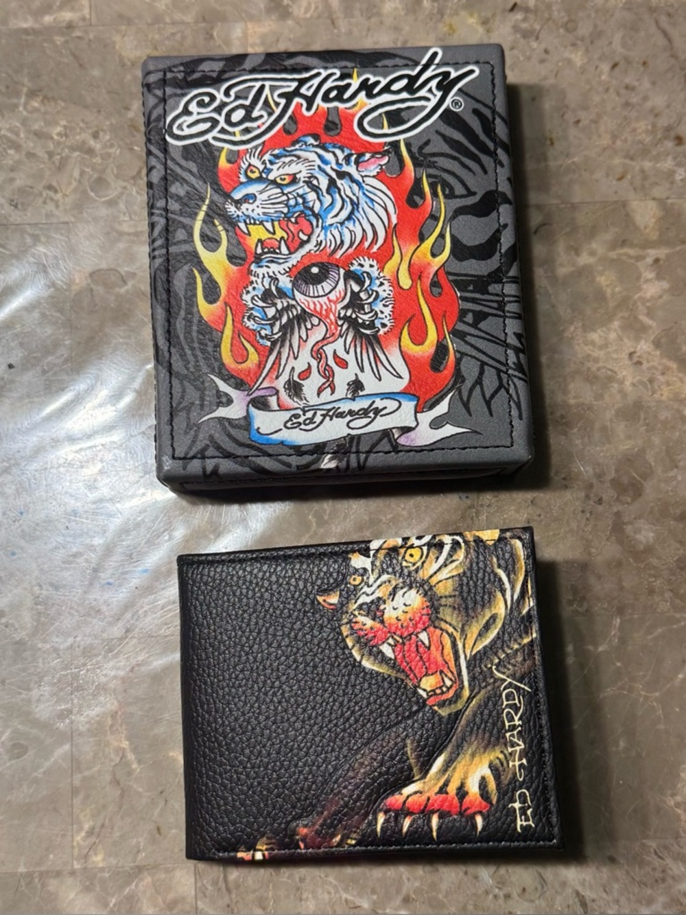 Ed Hardy Black Wallet with Red & Yellow Flame Tiger Artwork